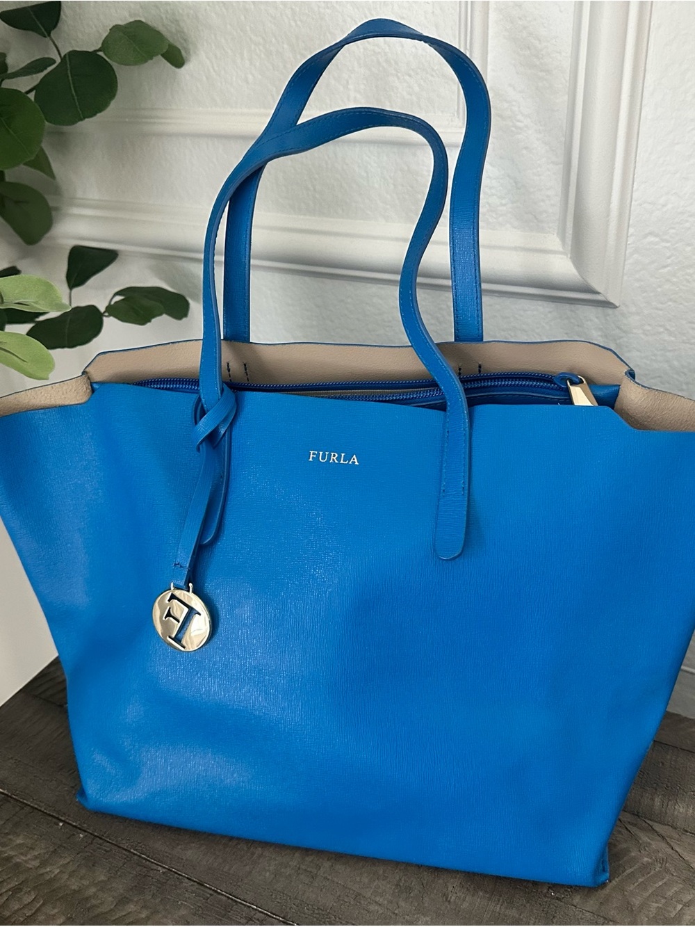 Furla Electric Blue Leather Tote with Gold Charm